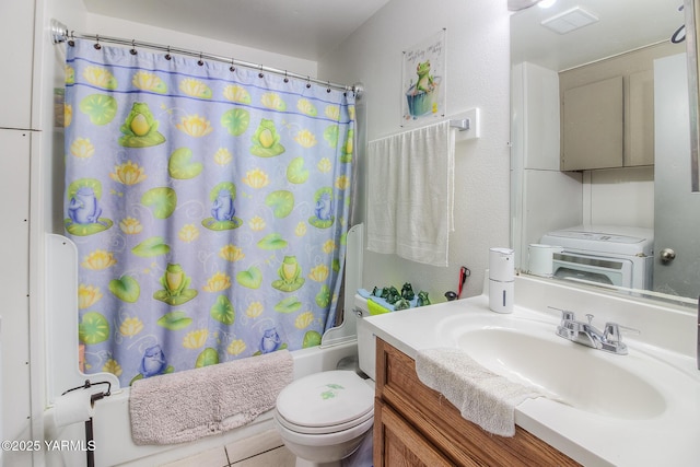 bathroom with toilet, shower / bath combination with curtain, and vanity