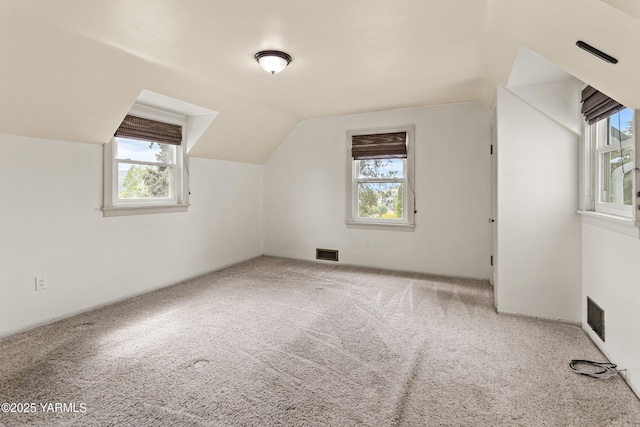bonus room featuring healthy amount of natural light, carpet floors, and vaulted ceiling