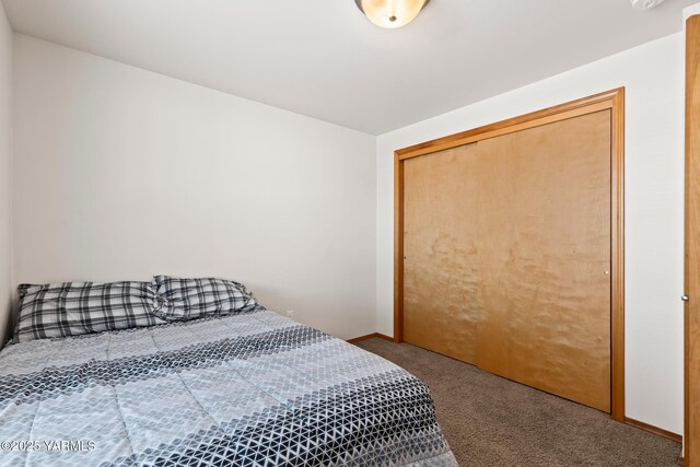 bedroom featuring carpet, baseboards, and a closet