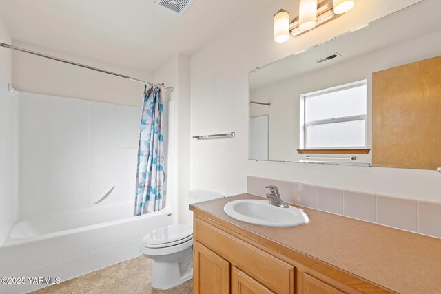 bathroom featuring toilet, visible vents, shower / bath combo with shower curtain, and vanity