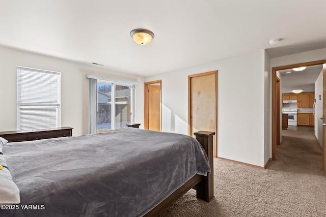 carpeted bedroom featuring visible vents and baseboards