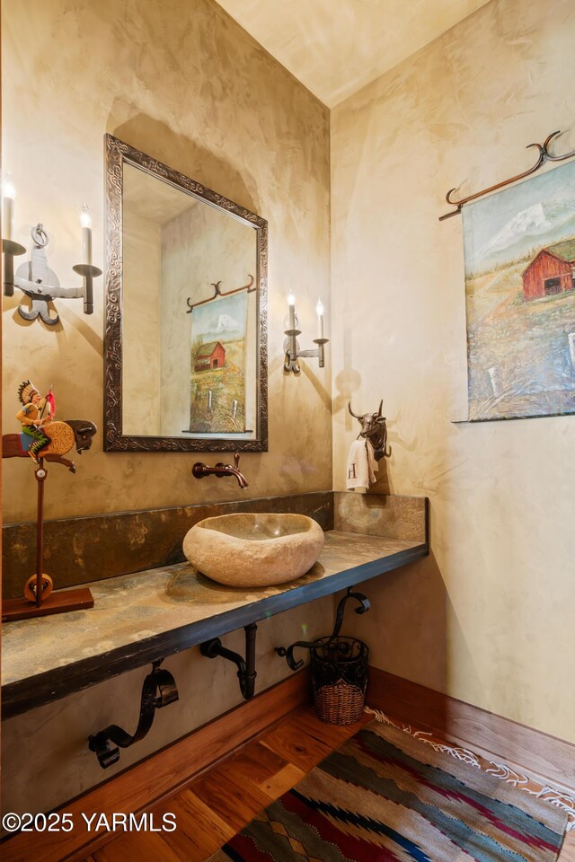 bathroom with wood finished floors and a sink