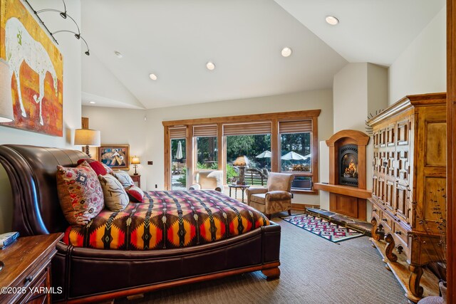 bedroom with access to outside, carpet, high vaulted ceiling, and recessed lighting