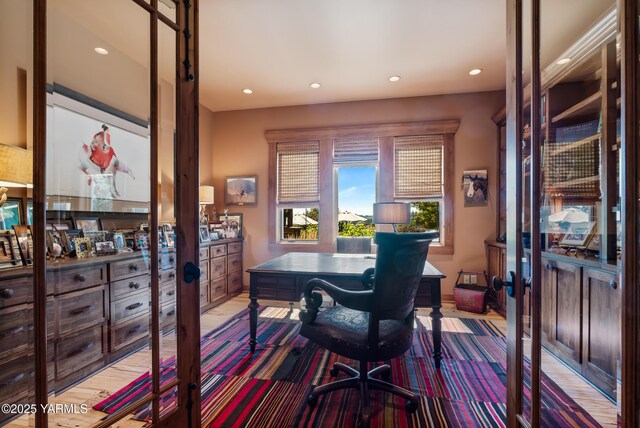 office featuring recessed lighting and french doors