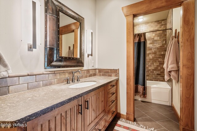 full bathroom featuring shower / bath combination with curtain, backsplash, tile patterned flooring, and vanity