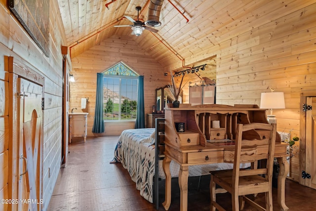 bedroom featuring lofted ceiling, wood ceiling, and wooden walls