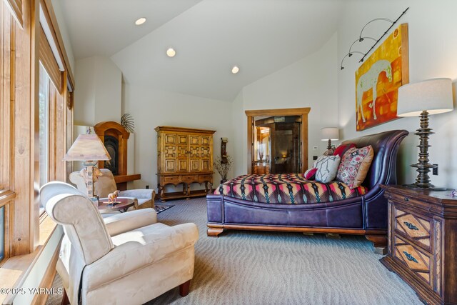 bedroom featuring carpet, high vaulted ceiling, and recessed lighting