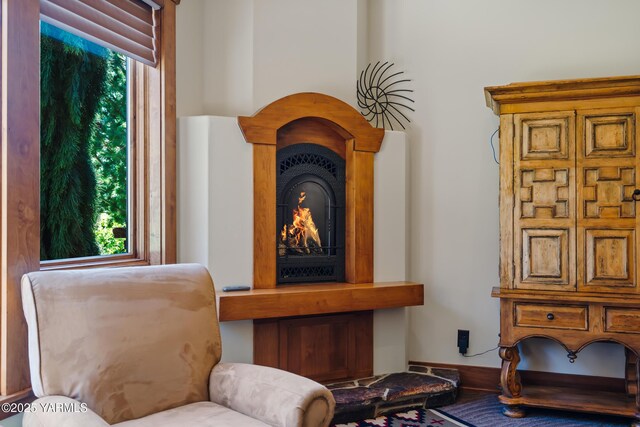 living area with plenty of natural light and a fireplace