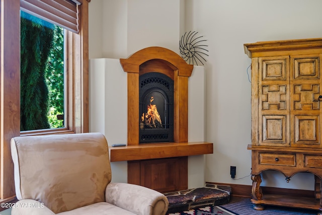 living area with plenty of natural light and a fireplace
