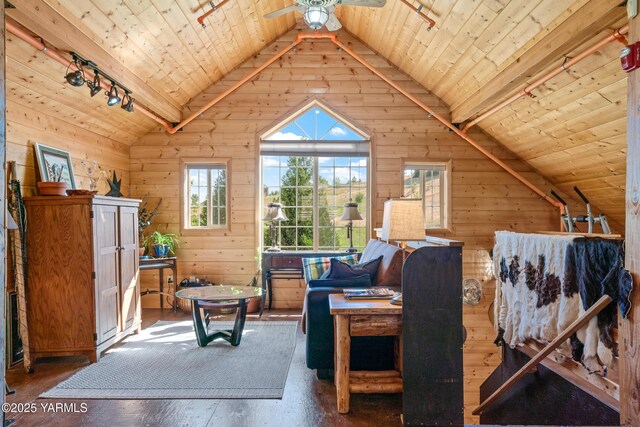 living area featuring lofted ceiling, wooden walls, wooden ceiling, and track lighting