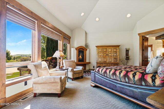 bedroom with baseboards, visible vents, lofted ceiling, carpet floors, and recessed lighting