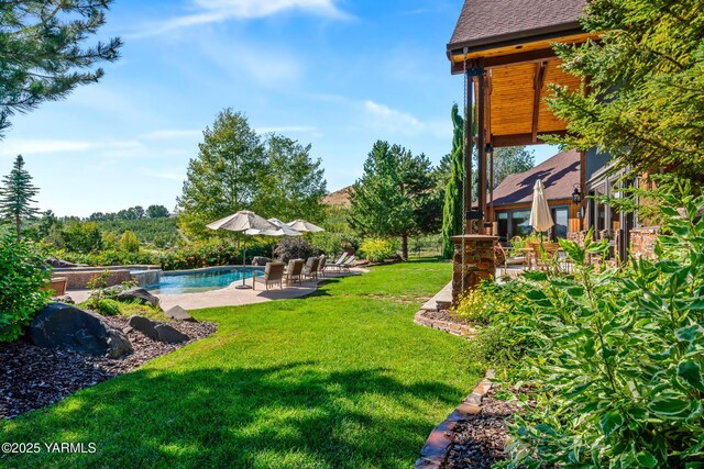 view of yard featuring an outdoor pool and a patio