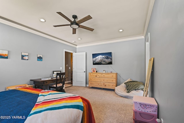 7302 Crown Crest Ave, Yakima, WA 98903 - carpeted bedroom featuring ornamental molding, recessed lighting, and ceiling fan