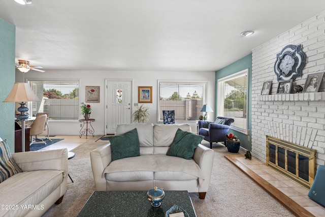 4405 Summitview Ave, Yakima, WA 98908 - living area with carpet, a brick fireplace, and a ceiling fan