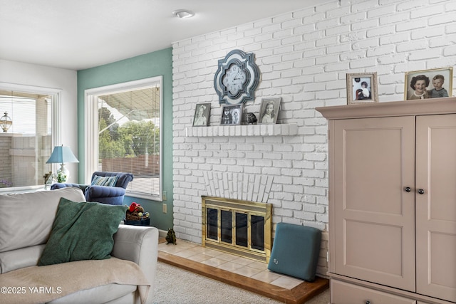 4405 Summitview Ave, Yakima, WA 98908 - living area with a brick fireplace, baseboards, and carpet floors