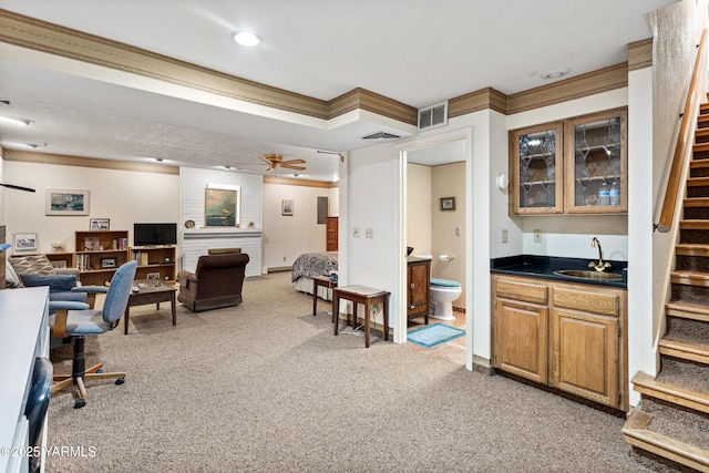 4405 Summitview Ave, Yakima, WA 98908 - office with crown molding, light carpet, bar with sink, and ceiling fan