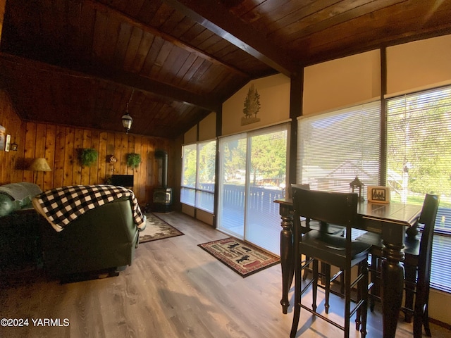 230 Pine Cliffs Dr, Naches, WA 98937 - sunroom / solarium featuring a wood stove and beamed ceiling