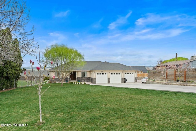 ranch-style home featuring stone siding, fence, an attached garage, a front yard, and driveway