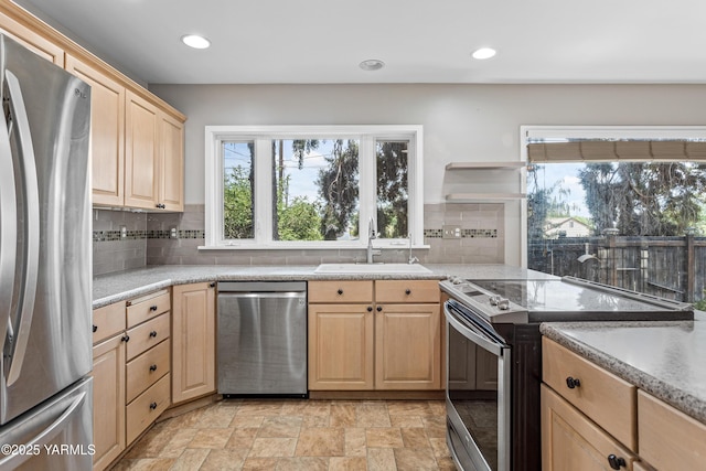 118 Glen Dr, Zillah, WA 98953 - kitchen featuring stainless steel appliances, light brown cabinets, recessed lighting, backsplash, and open shelves
