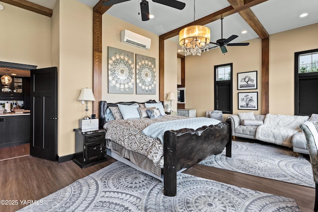 1355 Cook Rd, Yakima, WA 98908 - bedroom with a wall mounted AC, a chandelier, dark wood-type flooring, beam ceiling, and recessed lighting