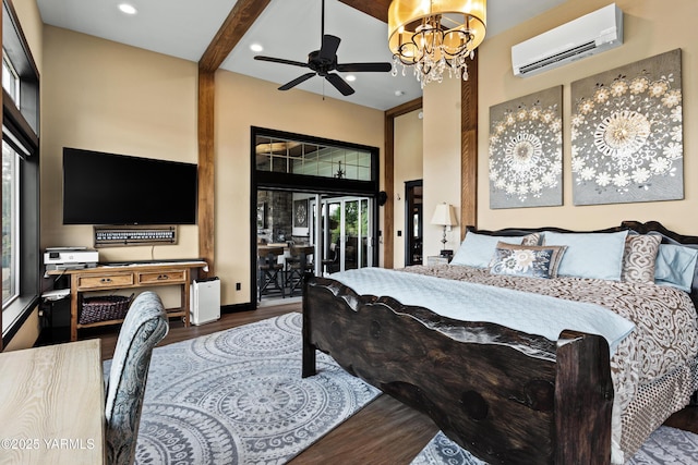 1355 Cook Rd, Yakima, WA 98908 - bedroom featuring a wall mounted air conditioner, wood finished floors, access to outside, a chandelier, and recessed lighting