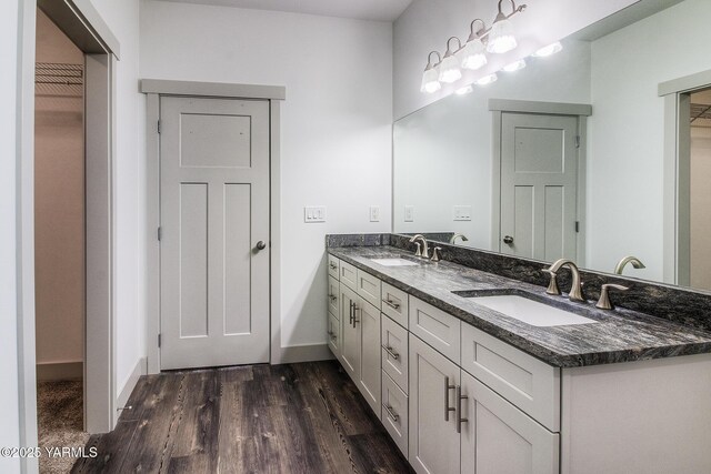 full bathroom featuring a walk in closet, double vanity, wood finished floors, and a sink