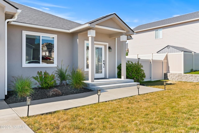 7402 Viewcrest Way, Yakima, WA 98908 - property entrance featuring a shingled roof and stucco siding