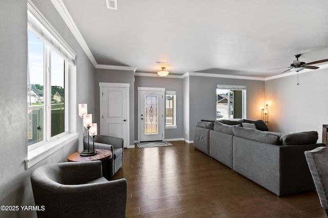 7402 Viewcrest Way, Yakima, WA 98908 - living area with dark wood-type flooring, a ceiling fan, and crown molding