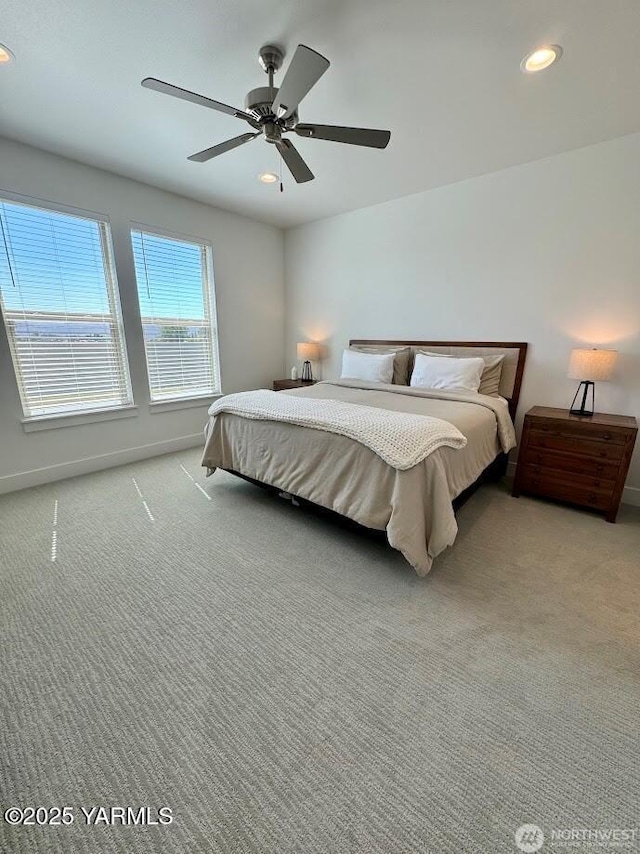 bedroom featuring recessed lighting, light carpet, ceiling fan, and baseboards