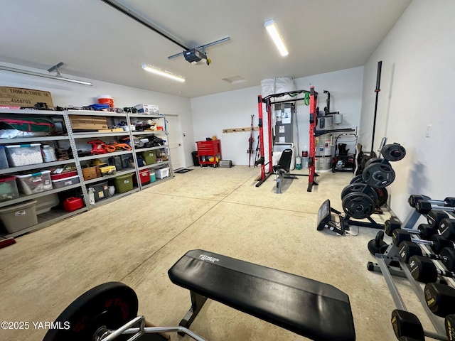 workout area with a garage