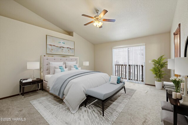 bedroom featuring a ceiling fan, light colored carpet, vaulted ceiling, and baseboards