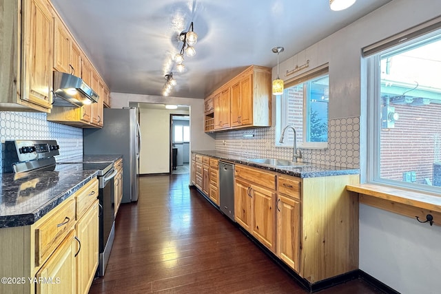 kitchen featuring appliances with stainless steel finishes, dark wood-type flooring, hanging light fixtures, under cabinet range hood, and a sink