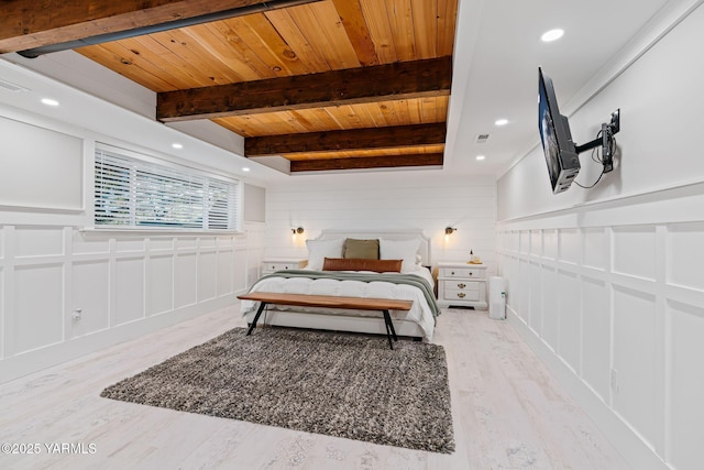 211 N 65th Pl, Yakima, WA 98908 - bedroom with a decorative wall, wooden ceiling, wood finished floors, beam ceiling, and recessed lighting