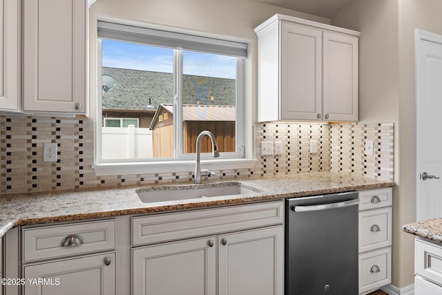 kitchen with light stone counters, white cabinetry, a sink, and stainless steel dishwasher