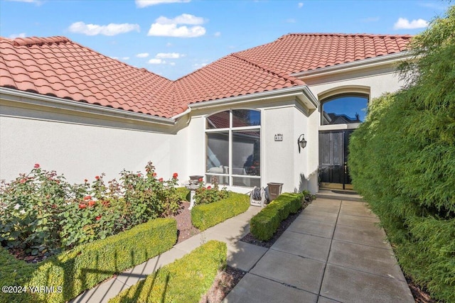 back of house featuring stucco siding and a tiled roof