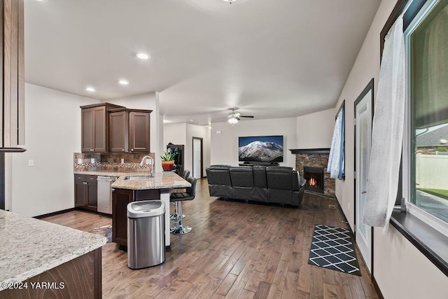 kitchen with tasteful backsplash, a breakfast bar area, wood finished floors, a stone fireplace, and stainless steel dishwasher