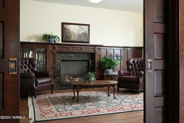 sitting room featuring a wainscoted wall, wood finished floors, and a high end fireplace