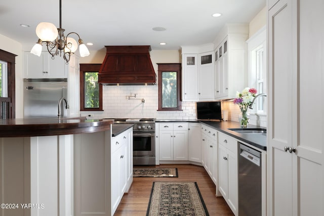 kitchen with high end appliances, white cabinets, glass insert cabinets, custom exhaust hood, and a sink