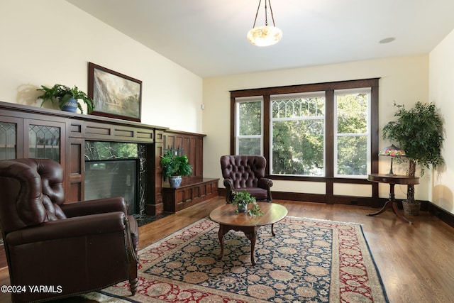 sitting room featuring lofted ceiling, a premium fireplace, wood finished floors, and baseboards