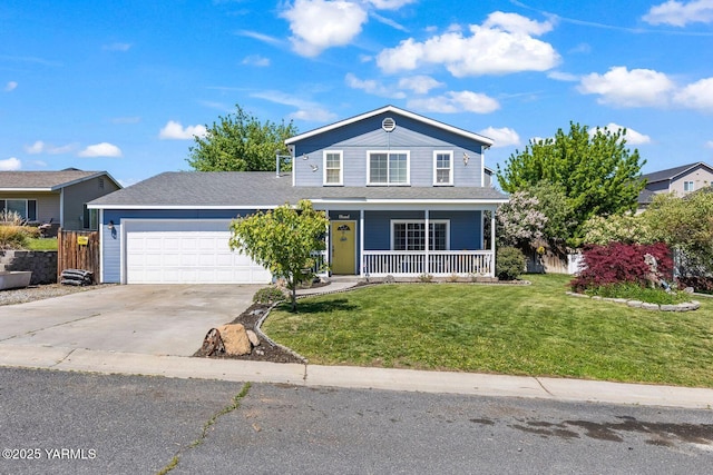7501 Glacier Way, Yakima, WA 98908 - traditional-style home with an attached garage, driveway, a front yard, and a porch