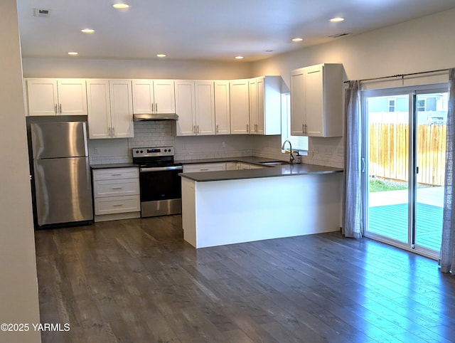 121 Lyle Loop Rd, Selah, WA 98942 - kitchen with appliances with stainless steel finishes, dark countertops, tasteful backsplash, dark wood-type flooring, and recessed lighting
