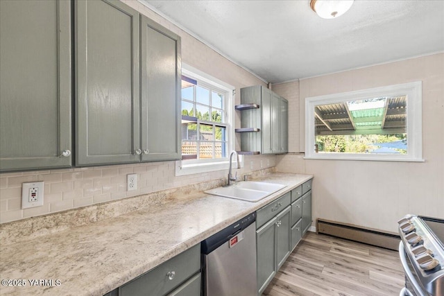509 N 32nd Ave, Yakima, WA 98902 - kitchen with appliances with stainless steel finishes, a baseboard heating unit, tasteful backsplash, and gray cabinets