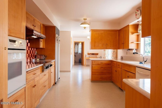 3606 Richey Rd, Yakima, WA 98902 - kitchen featuring under cabinet range hood, white appliances, a sink, open shelves, and light countertops