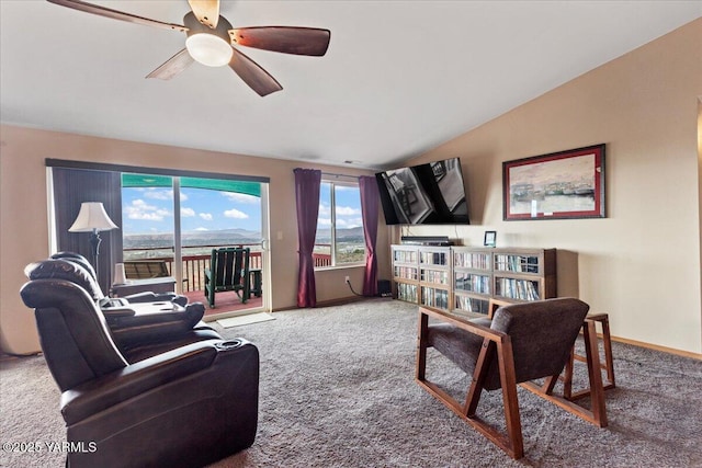 3501 S 40th Ave, Yakima, WA 98903 - carpeted living room featuring lofted ceiling, ceiling fan, and baseboards