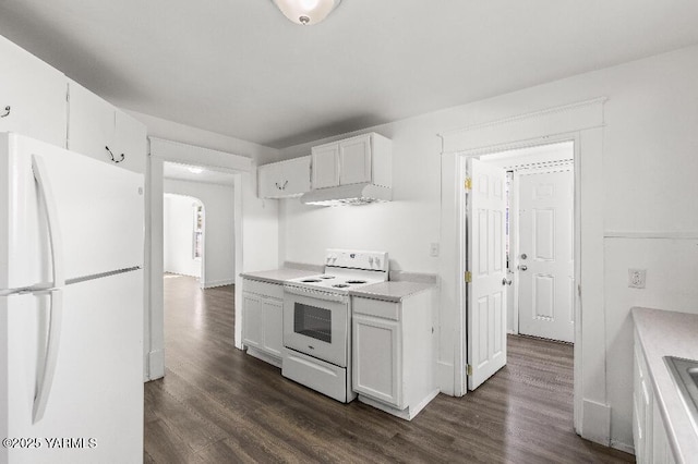 1713 S 10th Ave, Yakima, WA 98902 - kitchen featuring white appliances, ventilation hood, dark wood-style flooring, and light countertops