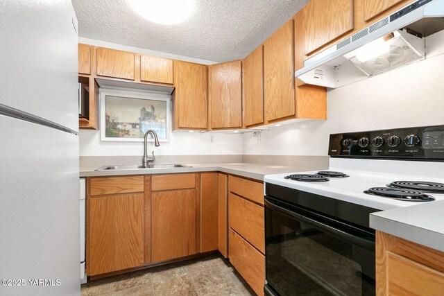 112 N 53rd Ave, Yakima, WA 98908 - kitchen with electric range, under cabinet range hood, a sink, freestanding refrigerator, and light countertops
