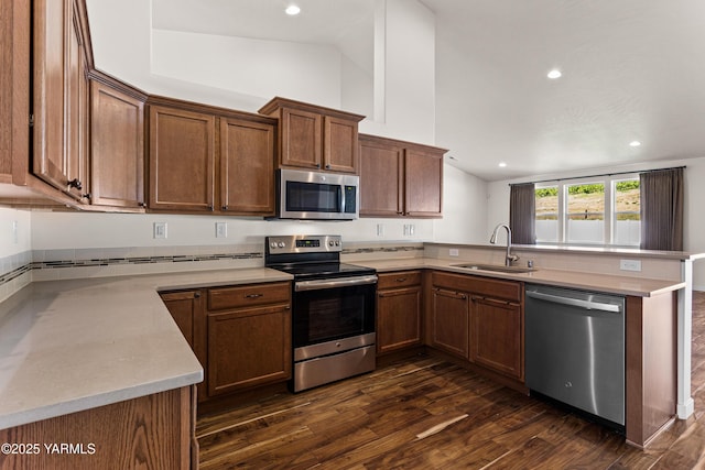 kitchen with appliances with stainless steel finishes, a sink, a peninsula, lofted ceiling, and dark wood-style floors