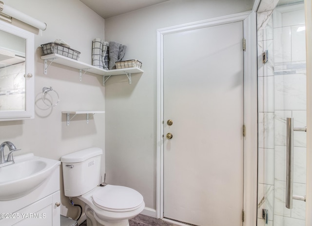 full bathroom with vanity, toilet, and walk in shower