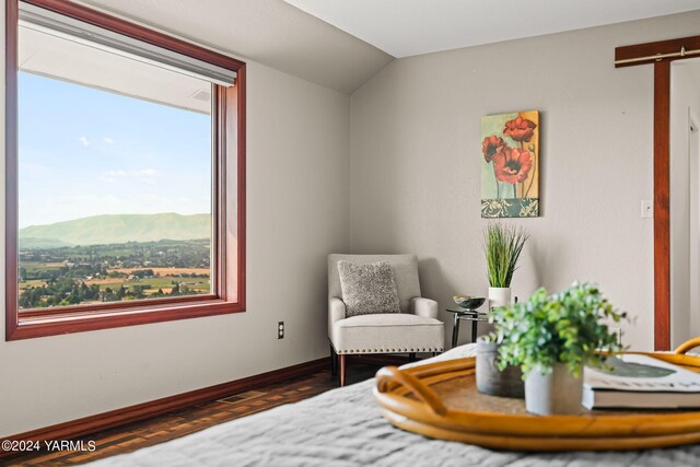 living area featuring lofted ceiling, dark wood-style floors, baseboards, and a mountain view