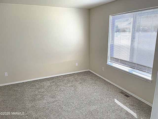 carpeted empty room with baseboards, a wealth of natural light, and visible vents